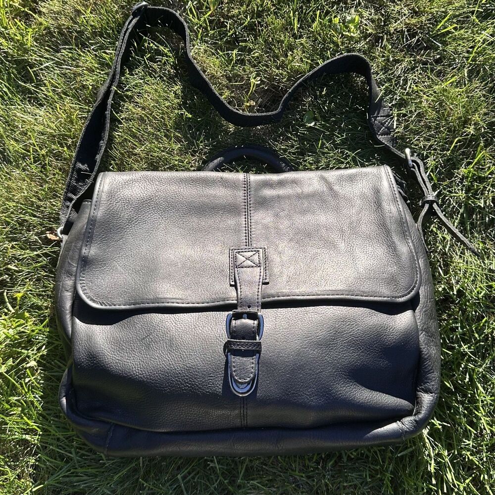 Vintage LL Bean Black Leather Briefcase Messenger Work Bag Large Shoulder